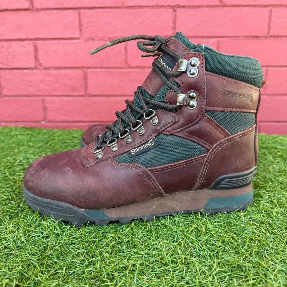 Vtg Browning Mens Hiking Hunting Boots Size 7.5 Leather Green Canvas Gorpcore